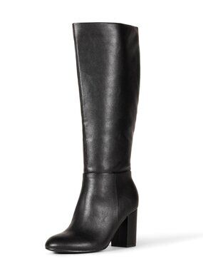 Women's Tall Boots with Chunky Block Heel, Black Faux Leather, 9 Wide